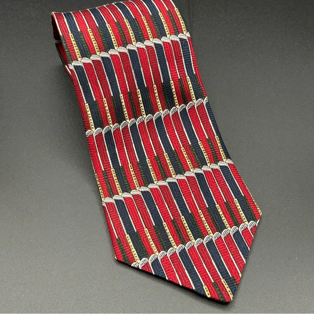 Crooks & Creed London Silk Tie – Red & Navy Golf Club Pattern, Handmade, EUC